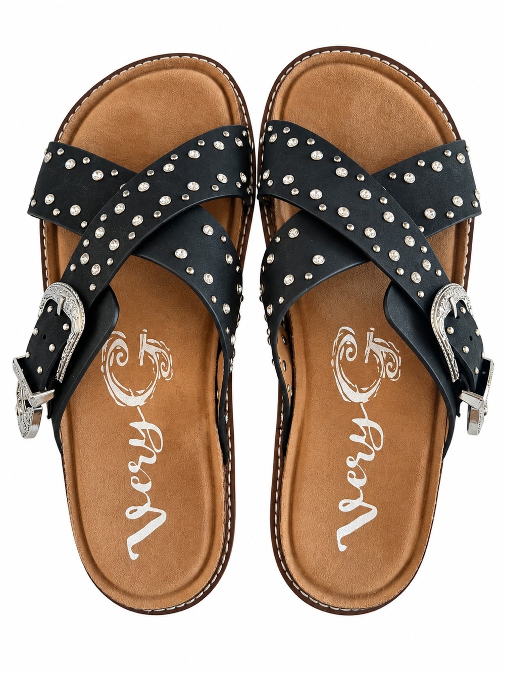 Very G Black Studded Buckle Cross-strap Slide Sandals